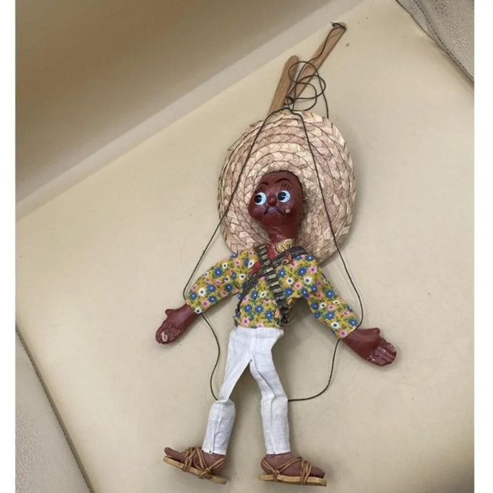 Mexican Marionette String Puppet Sombrero Ammo Belt 2 Handle Toy Doll Figure